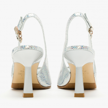 Pantofi Sanda Dama de Lux, Culoare Alb cu Argintiu, Toc Subțire 7 cm, Cristale Swarovski, Renzoni 6795 [4]