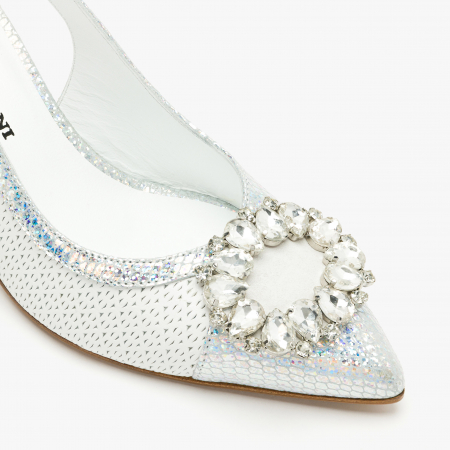 Pantofi Sanda Dama de Lux, Culoare Alb cu Argintiu, Toc Subțire 7 cm, Cristale Swarovski, Renzoni 6795 [3]