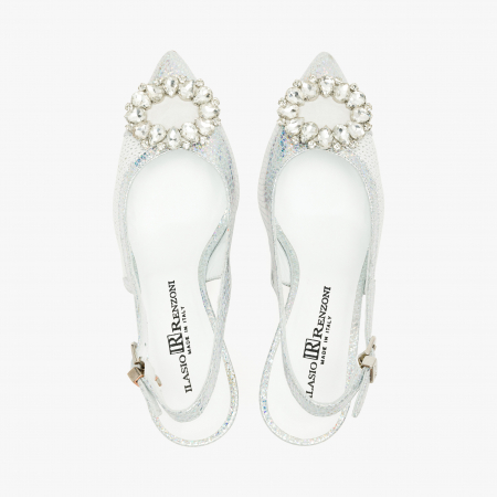 Pantofi Sanda Dama de Lux, Culoare Alb cu Argintiu, Toc Subțire 7 cm, Cristale Swarovski, Renzoni 6795 [2]