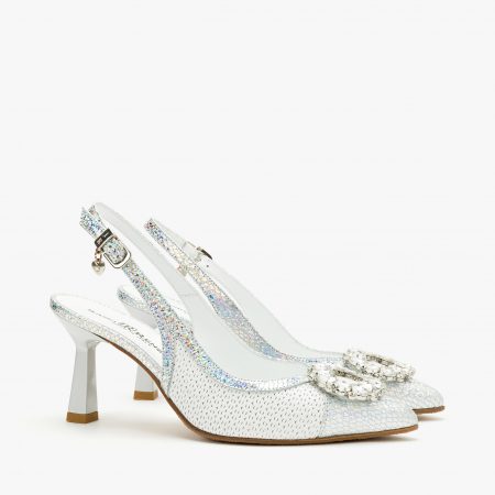Incaltaminte Dama - Pantofi Sanda Dama de Lux, Culoare Alb cu Argintiu, Toc Subțire 7 cm, Cristale Swarovski, Renzoni 6795