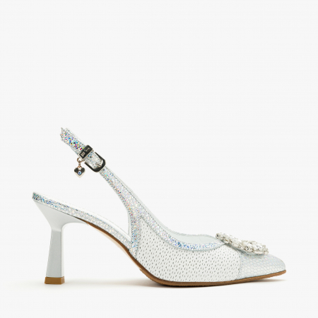 Pantofi Sanda Dama de Lux, Culoare Alb cu Argintiu, Toc Subțire 7 cm, Cristale Swarovski, Renzoni 6795 [1]