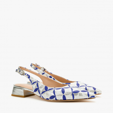 Incaltaminte Dama - Pantofi Sanda Dama Eleganti din Piele, Culoare Argintie cu Imprimeu Bleu, Toc Comod, Sezon Primavara-Vara, Angelo Giannini 1136