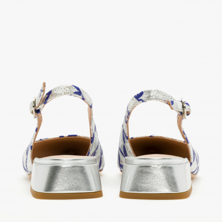 Pantofi Sanda Dama Eleganti din Piele, Culoare Argintie cu Imprimeu Bleu, Toc Comod, Sezon Primavara-Vara, Angelo Giannini 1136 [4]
