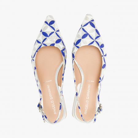 Pantofi Sanda Dama Eleganti din Piele, Culoare Argintie cu Imprimeu Bleu, Toc Comod, Sezon Primavara-Vara, Angelo Giannini 1136 [2]
