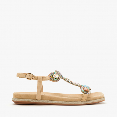 Sandale Dama din Piele Intoarsa Aurie cu Cristale Multicolore si Talpa Joasa, Alma en Pena 251601 [1]