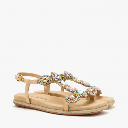 Incaltaminte Dama - Sandale Dama din Piele Intoarsa Aurie cu Cristale Multicolore si Talpa Joasa, Alma en Pena 251601
