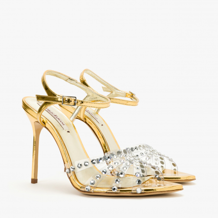 Sandale Dama Elegante - Sandale Dama din Piele Aurie, Cristale Swarovski, Toc Stiletto de 10cm, Giorgio Fabiani 241078