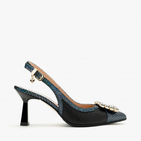 Pantofi Sanda Dama Eleganti, Bleumarin, Toc Subțire 7 cm, Cristale Swarovski, Renzoni 6794 [1]