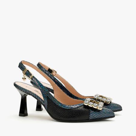 Incaltaminte Dama - Pantofi Sanda Dama Eleganti, Bleumarin, Toc Subțire 7 cm, Cristale Swarovski, Renzoni 6794