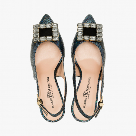 Pantofi Sanda Dama Eleganti, Bleumarin, Toc Subțire 7 cm, Cristale Swarovski, Renzoni 6794 [2]