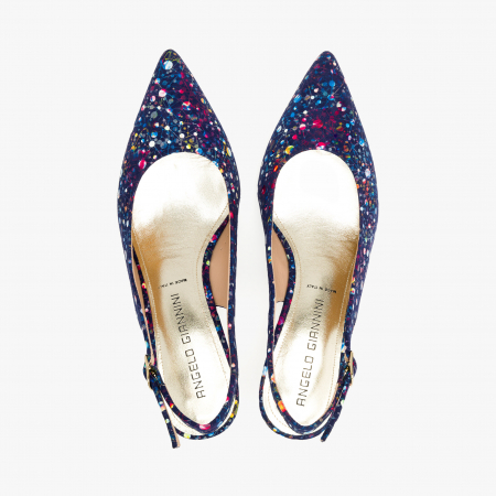 Pantofi Sanda Dama Eleganti din Nabuc, Culoare Bleumarin cu Imprimeu Multicolor, Toc Subtire de 5 cm, Angelo Giannini 1185 [2]