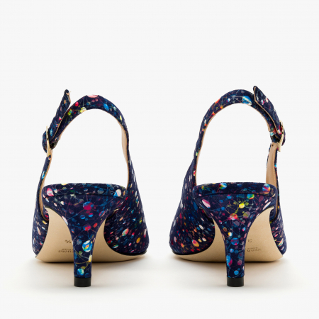 Pantofi Sanda Dama Eleganti din Nabuc, Culoare Bleumarin cu Imprimeu Multicolor, Toc Subtire de 5 cm, Angelo Giannini 1185 [4]