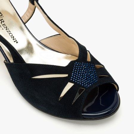 Sandale Dama Elegante din Piele Intoarsa Bleumarin, Toc Sculptural Decorat cu Cristale, Slingback Reglabil, Renzoni 5854 [3]