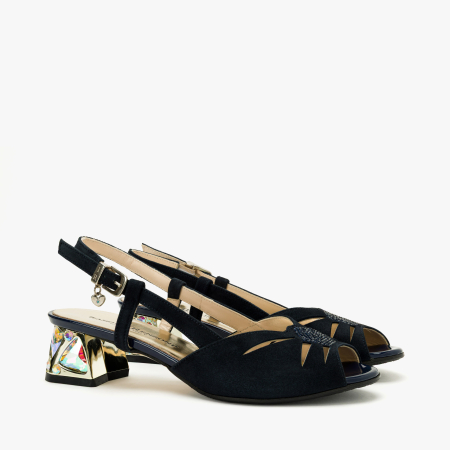 Incaltaminte Dama - Sandale Dama Elegante din Piele Intoarsa Bleumarin, Toc Sculptural Decorat cu Cristale, Slingback Reglabil, Renzoni 5854
