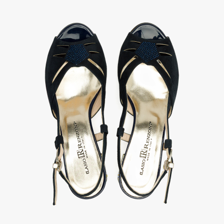 Sandale Dama Elegante din Piele Intoarsa Bleumarin, Toc Sculptural Decorat cu Cristale, Slingback Reglabil, Renzoni 5854 [2]