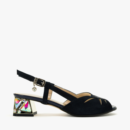 Sandale Dama Elegante din Piele Intoarsa Bleumarin, Toc Sculptural Decorat cu Cristale, Slingback Reglabil, Renzoni 5854 [1]