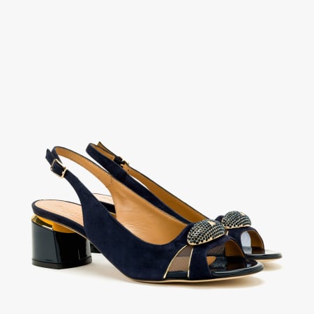 Sandale Dama Elegante - Sandale Dama Elegante, Piele Intoarsa Bleumarin, Varf Decupat, Toc Comod 5 cm, Insertii Plasa, Aplicatie cu Cristale, Accademia 1528
