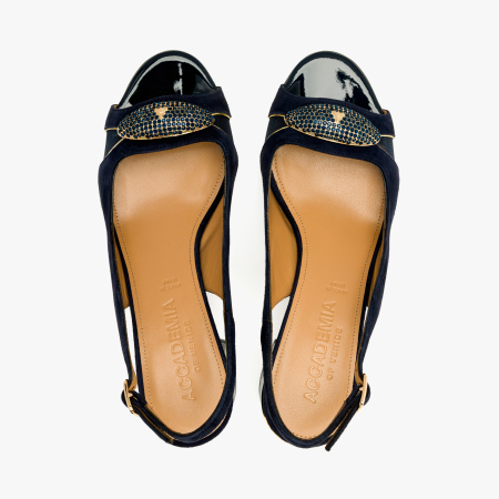Sandale Dama Elegante, Piele Intoarsa Bleumarin, Varf Decupat, Toc Comod 5 cm, Insertii Plasa, Aplicatie cu Cristale, Accademia 1528 [2]