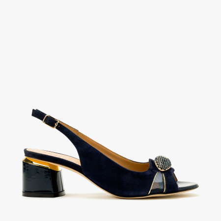 Sandale Dama Elegante, Piele Intoarsa Bleumarin, Varf Decupat, Toc Comod 5 cm, Insertii Plasa, Aplicatie cu Cristale, Accademia 1528 [1]