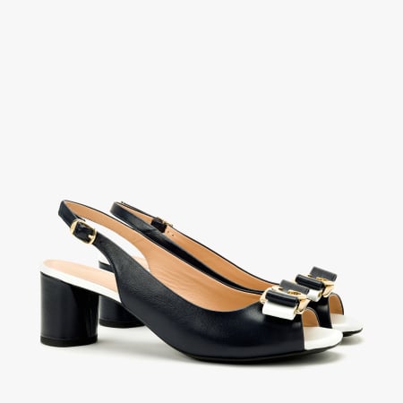 Sandale Dama Elegante - Sandale Dama Elegante din Piele Naturala Bleumarin, Peep Toe, Fundita Bicolora, Aplicatie Aurie si Toc Bloc 6 cm, Angelo Giannini 3037