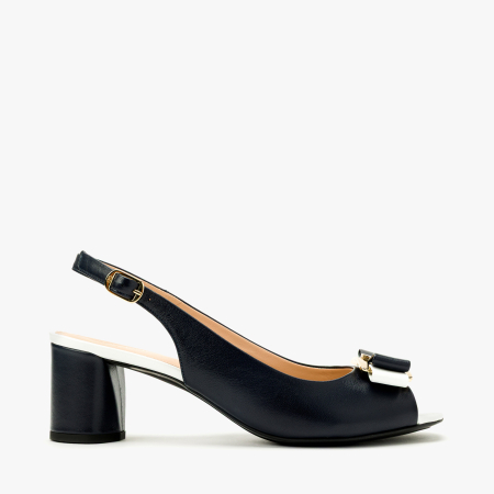 Sandale Dama Elegante din Piele Naturala Bleumarin, Peep Toe, Fundita Bicolora, Aplicatie Aurie si Toc Bloc 6 cm, Angelo Giannini 3037 [1]