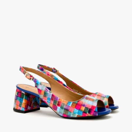 Sandale Dama Elegante - Sandale Dama Elegante Multicolor, Imprimeu Tip Mozaic si Toc Bloc, Angelo Giannini 3037