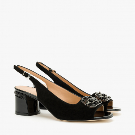 Sandale Dama Elegante - Sandale Dama Elegante Negru cu Cristale Swarovski, Toc Gros 5 cm, Accademia 1290/2024