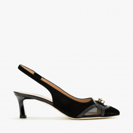 Pantofi Sanda Dama Eleganti, Negru, Toc Subțire 5 cm, Piele Naturala și Plasă, Accesoriu Cristal, Accademia 2237 [1]
