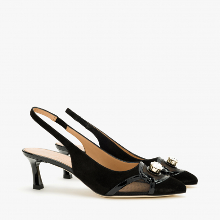 Incaltaminte Dama - Pantofi Sanda Dama Eleganti, Negru, Toc Subțire 5 cm, Piele Naturala și Plasă, Accesoriu Cristal, Accademia 2237