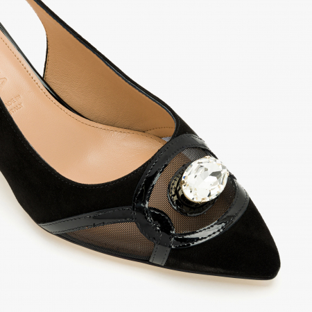 Pantofi Sanda Dama Eleganti, Negru, Toc Subțire 5 cm, Piele Naturala și Plasă, Accesoriu Cristal, Accademia 2237 [3]