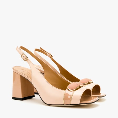 Incaltaminte Dama - Sandale Dama Elegante, Piele de Culoare Nude, Insertii Lacuite si Toc Gros 7 cm, Accademia 1543