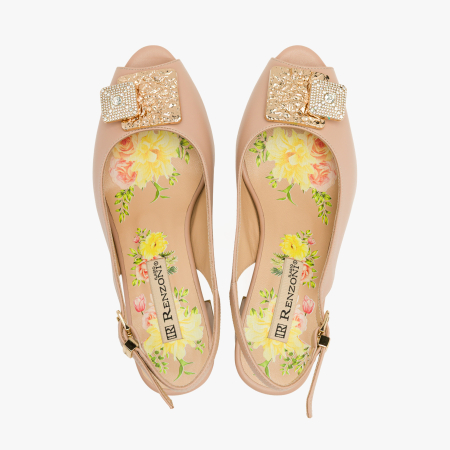Sandale Dama Elegante, Piele Naturala Bej, Slingback Reglabil, Varf Decupat, Aplicatie Metalica, Toc Stabil 6 cm, Renzoni 8342 [2]