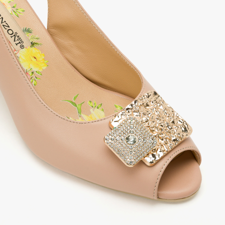 Sandale Dama Elegante, Piele Naturala Bej, Slingback Reglabil, Varf Decupat, Aplicatie Metalica, Toc Stabil 6 cm, Renzoni 8342 [3]