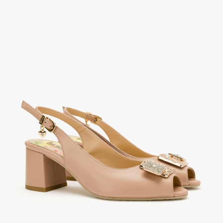 Incaltaminte Dama - Sandale Dama Elegante, Piele Naturala Bej, Slingback Reglabil, Varf Decupat, Aplicatie Metalica, Toc Stabil 6 cm, Renzoni 8342