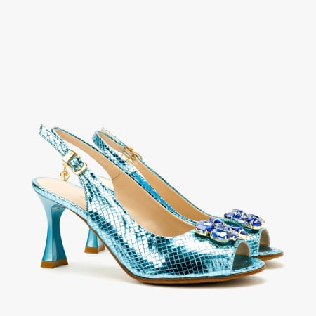Sandale Dama - Sandale Dama Elegante, Piele Naturala Bleu Sidefata, Toc Evazat 8 cm si Cristale Albastre, Renzoni 4411