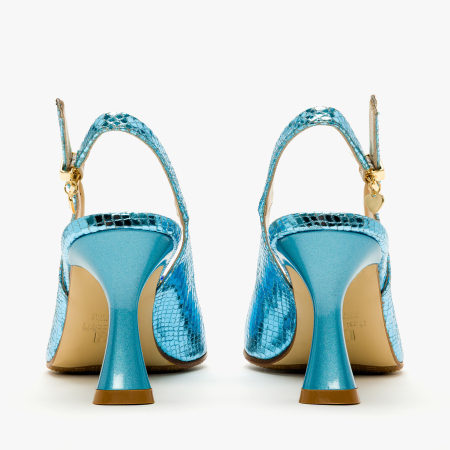 Sandale Dama Elegante, Piele Naturala Bleu Sidefata, Toc Evazat 8 cm si Cristale Albastre, Renzoni 4411 [4]