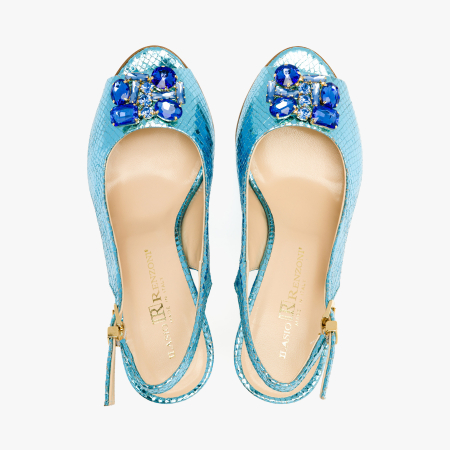Sandale Dama Elegante, Piele Naturala Bleu Sidefata, Toc Evazat 8 cm si Cristale Albastre, Renzoni 4411 [2]