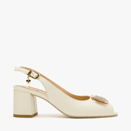 Sandale Dama Elegante, Piele Naturala Crem, Slingback Reglabil, Aplicatie Metalica cu Cristale, Toc Gros Stabil 6 cm, Renzoni 8342 [1]