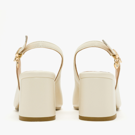 Sandale Dama Elegante, Piele Naturala Crem, Slingback Reglabil, Aplicatie Metalica cu Cristale, Toc Gros Stabil 6 cm, Renzoni 8342 [4]