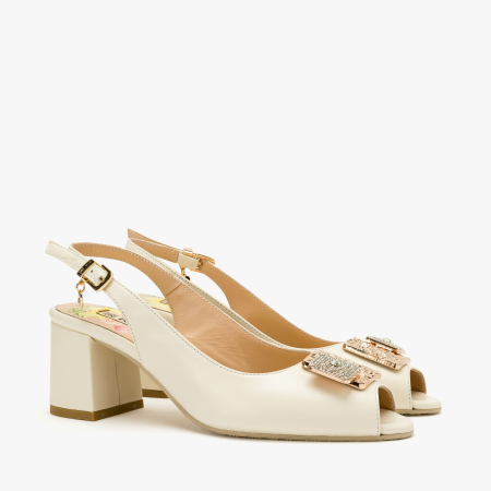 Incaltaminte Dama - Sandale Dama Elegante, Piele Naturala Crem, Slingback Reglabil, Aplicatie Metalica cu Cristale, Toc Gros Stabil 6 cm, Renzoni 8342