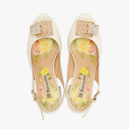 Sandale Dama Elegante, Piele Naturala Crem, Slingback Reglabil, Aplicatie Metalica cu Cristale, Toc Gros Stabil 6 cm, Renzoni 8342 [2]