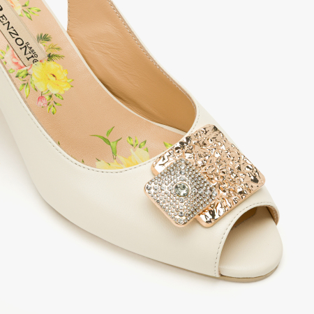 Sandale Dama Elegante, Piele Naturala Crem, Slingback Reglabil, Aplicatie Metalica cu Cristale, Toc Gros Stabil 6 cm, Renzoni 8342 [3]