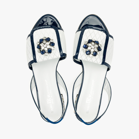 Sandale Dama Elegante, Piele Naturala Matlasata Alb cu Bleumarin, Slingback cu Talpa Joasa si Aplicatie Tip Brosa cu Cristale, Renzoni 4414 [2]