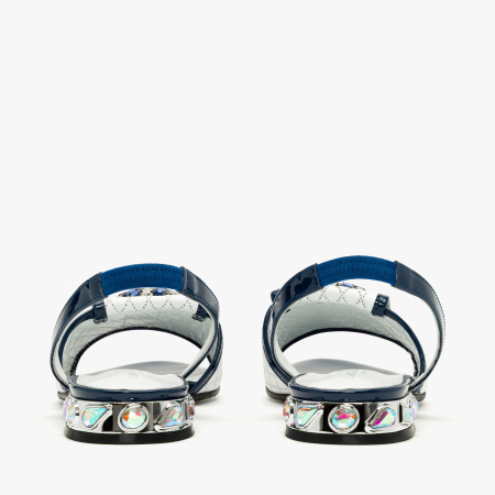 Sandale Dama Elegante, Piele Naturala Matlasata Alb cu Bleumarin, Slingback cu Talpa Joasa si Aplicatie Tip Brosa cu Cristale, Renzoni 4414 [4]