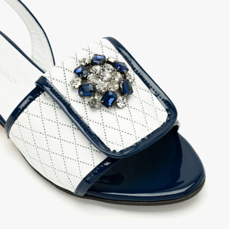 Sandale Dama Elegante, Piele Naturala Matlasata Alb cu Bleumarin, Slingback cu Talpa Joasa si Aplicatie Tip Brosa cu Cristale, Renzoni 4414 [3]