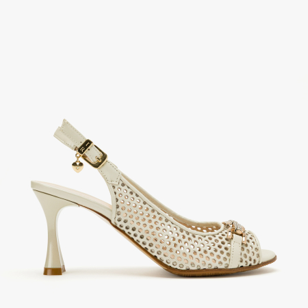 Sandale Dama Elegante, Piele Naturala Perforata Bej, Slingback Reglabil, Varf Decupat (Peep-Toe), Toc Subtire Sculptat 8 cm, Renzoni 4407 [1]