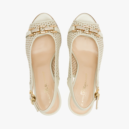 Sandale Dama Elegante, Piele Naturala Perforata Bej, Slingback Reglabil, Varf Decupat (Peep-Toe), Toc Subtire Sculptat 8 cm, Renzoni 4407 [2]