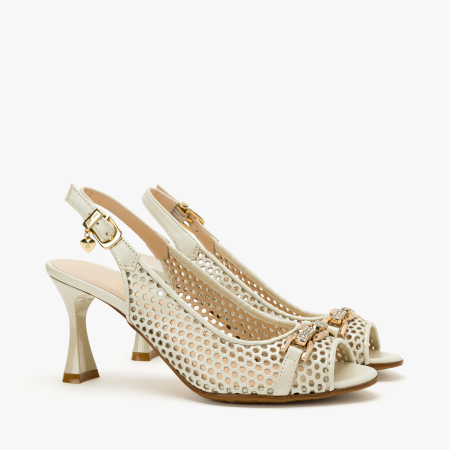 Incaltaminte Dama - Sandale Dama Elegante, Piele Naturala Perforata Bej, Slingback Reglabil, Varf Decupat (Peep-Toe), Toc Subtire Sculptat 8 cm, Renzoni 4407