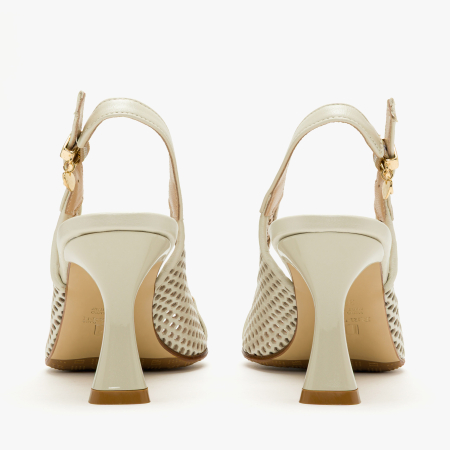 Sandale Dama Elegante, Piele Naturala Perforata Bej, Slingback Reglabil, Varf Decupat (Peep-Toe), Toc Subtire Sculptat 8 cm, Renzoni 4407 [4]