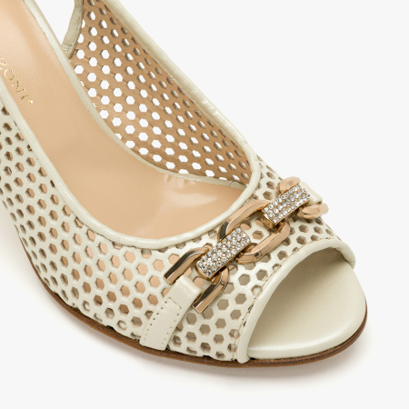 Sandale Dama Elegante, Piele Naturala Perforata Bej, Slingback Reglabil, Varf Decupat (Peep-Toe), Toc Subtire Sculptat 8 cm, Renzoni 4407 [3]